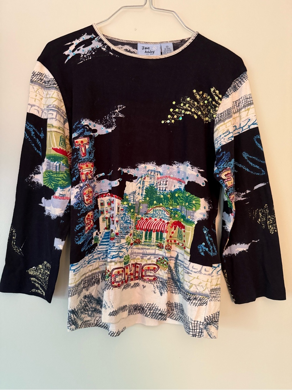 Jane Ashley Black Long-Sleeve Tee with Colorful Cityscape Print